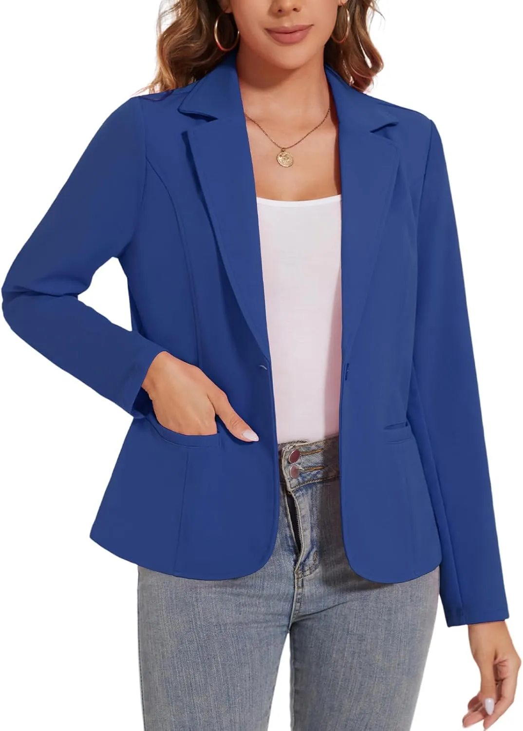 Women's Button Front Blazer Jackets Long Sleeve Lapel Business Casual Office Work Lightweight Blazers with Pocket