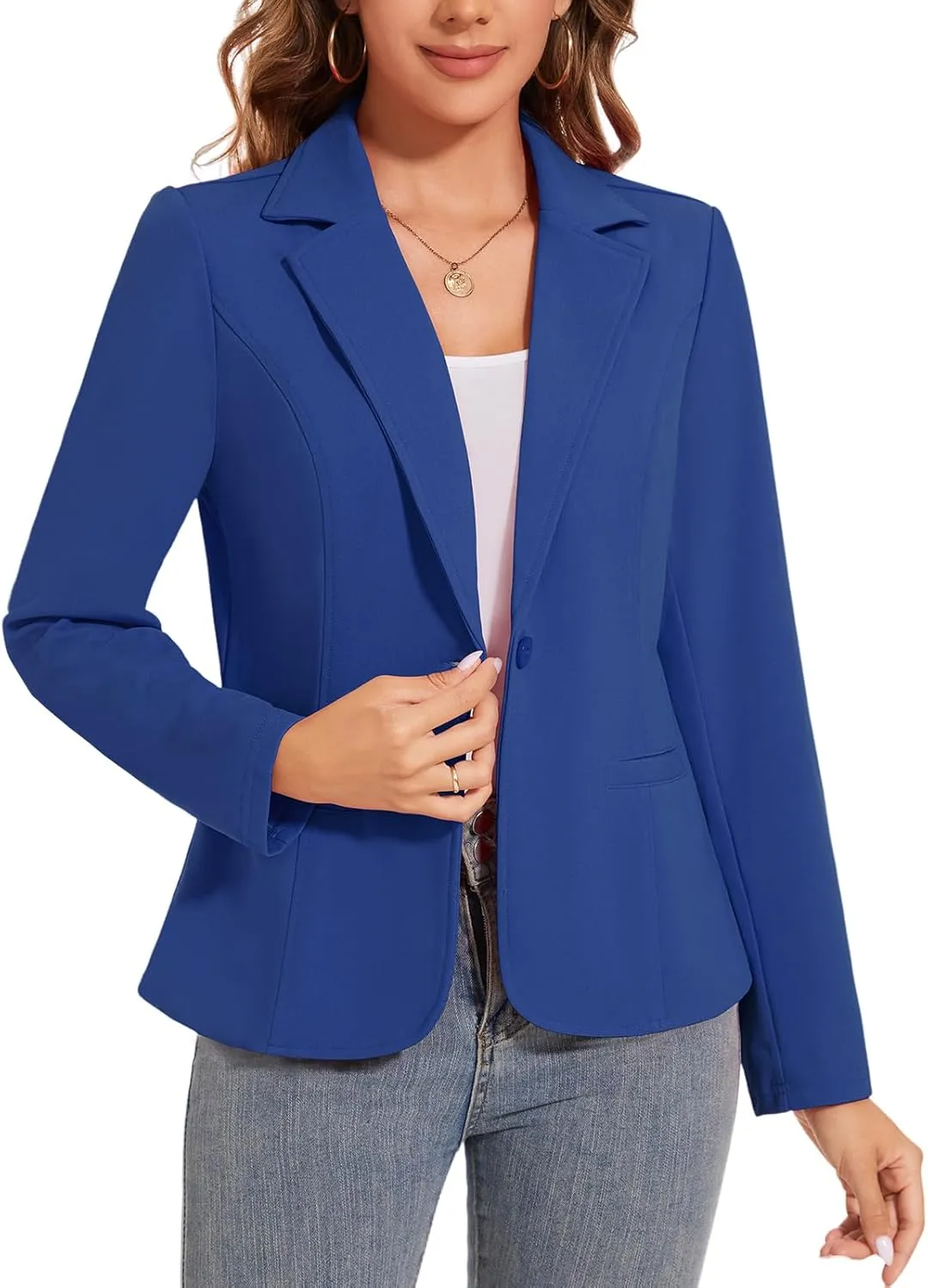 Women's Button Front Blazer Jackets Long Sleeve Lapel Business Casual Office Work Lightweight Blazers with Pocket