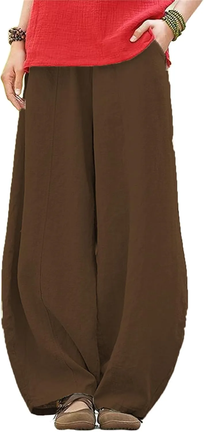 Womens Casual Cotton Linen Baggy Pants Summer Wide Leg Elastic Waist Pants Lantern Trouser with Pockets
