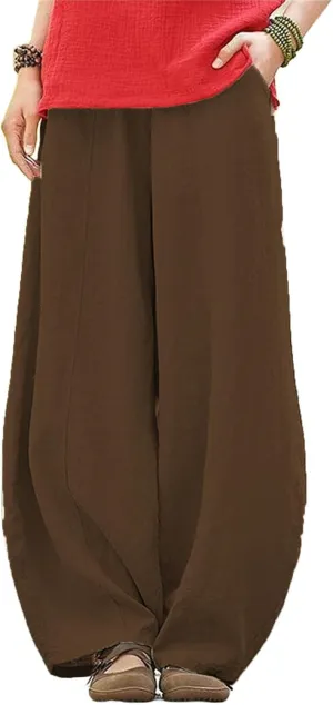 Womens Casual Cotton Linen Baggy Pants Summer Wide Leg Elastic Waist Pants Lantern Trouser with Pockets