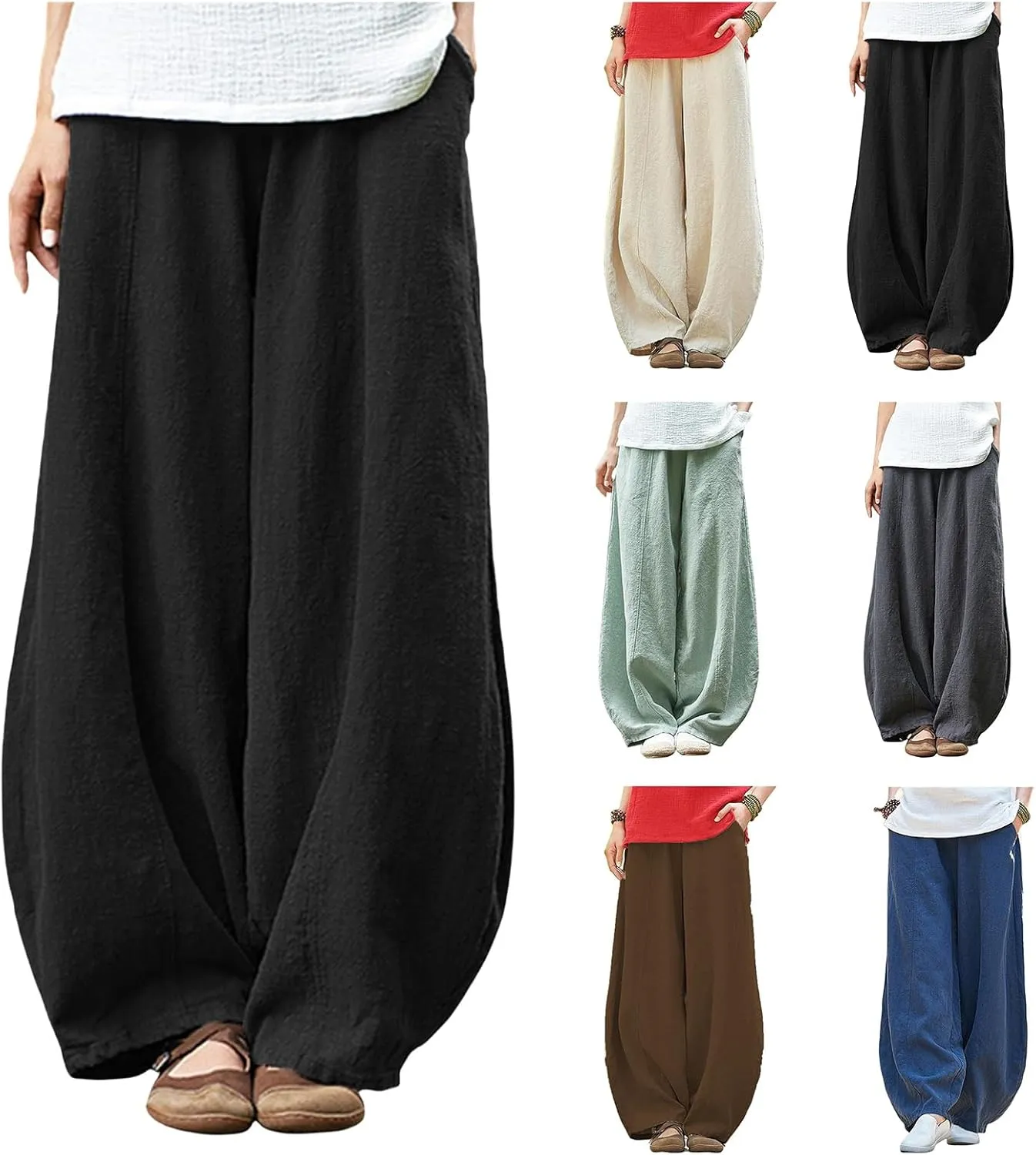 Womens Casual Cotton Linen Baggy Pants Summer Wide Leg Elastic Waist Pants Lantern Trouser with Pockets