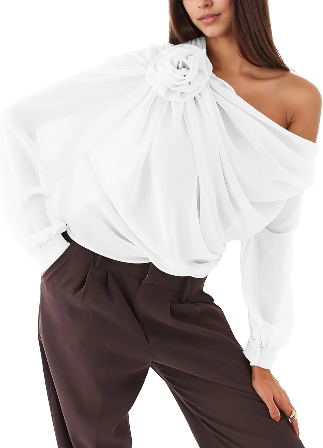 Women's Chiffon Tops 3D Floral Open Shoulder Asymmetrical Thin See Through Pleated Elegant Club Blouse Shirts