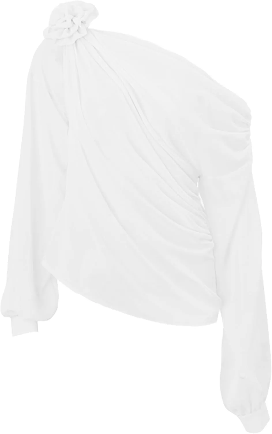Women's Chiffon Tops 3D Floral Open Shoulder Asymmetrical Thin See Through Pleated Elegant Club Blouse Shirts
