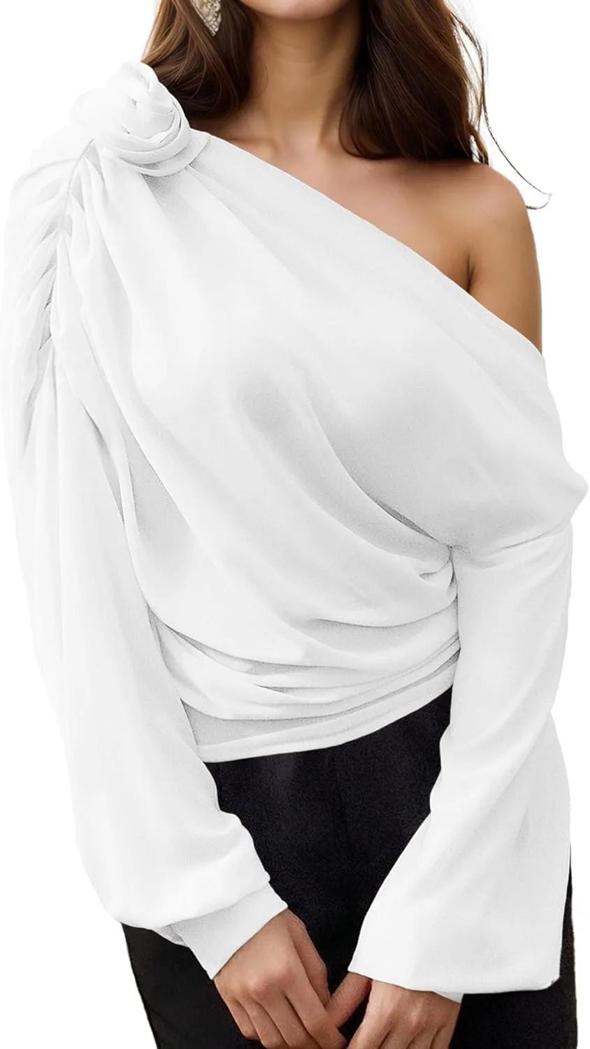 Women's Chiffon Tops 3D Floral Open Shoulder Asymmetrical Thin See Through Pleated Elegant Club Blouse Shirts