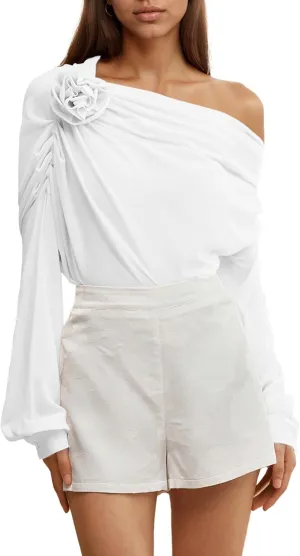 Women's Chiffon Tops 3D Floral Open Shoulder Asymmetrical Thin See Through Pleated Elegant Club Blouse Shirts