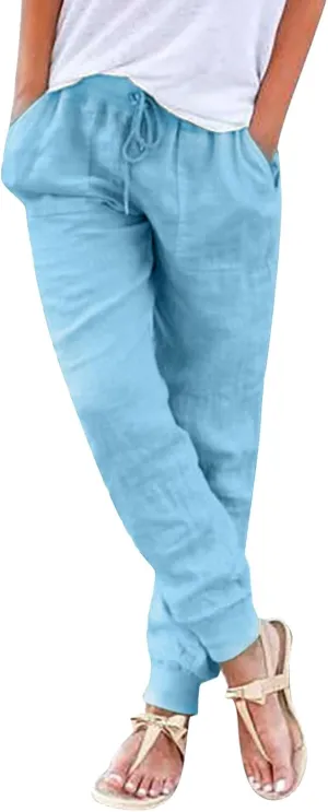 Women's Cotton Linen Jogger Pants Tapered Leg Summer Casual Lightweight Drawstring Elastic Waist Joggers with Pockets