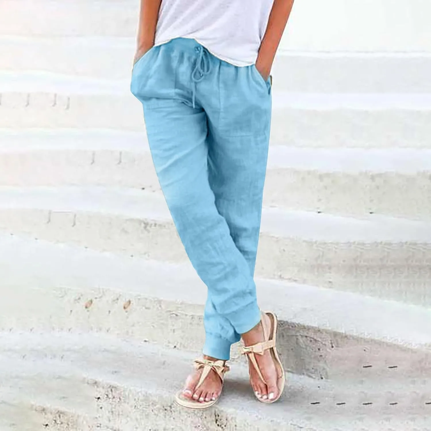 Women's Cotton Linen Jogger Pants Tapered Leg Summer Casual Lightweight Drawstring Elastic Waist Joggers with Pockets
