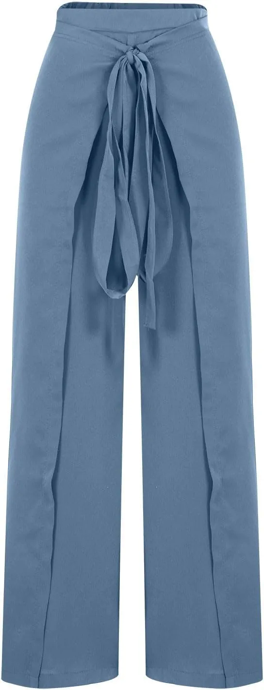 Womens Wide Leg Pants Yoga Flowy Split Palazzo Pants Tie Front Wrap Trousers Beach Cover Up Casual Lounge Boho Pants
