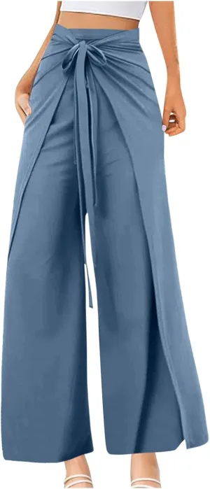 Womens Wide Leg Pants Yoga Flowy Split Palazzo Pants Tie Front Wrap Trousers Beach Cover Up Casual Lounge Boho Pants