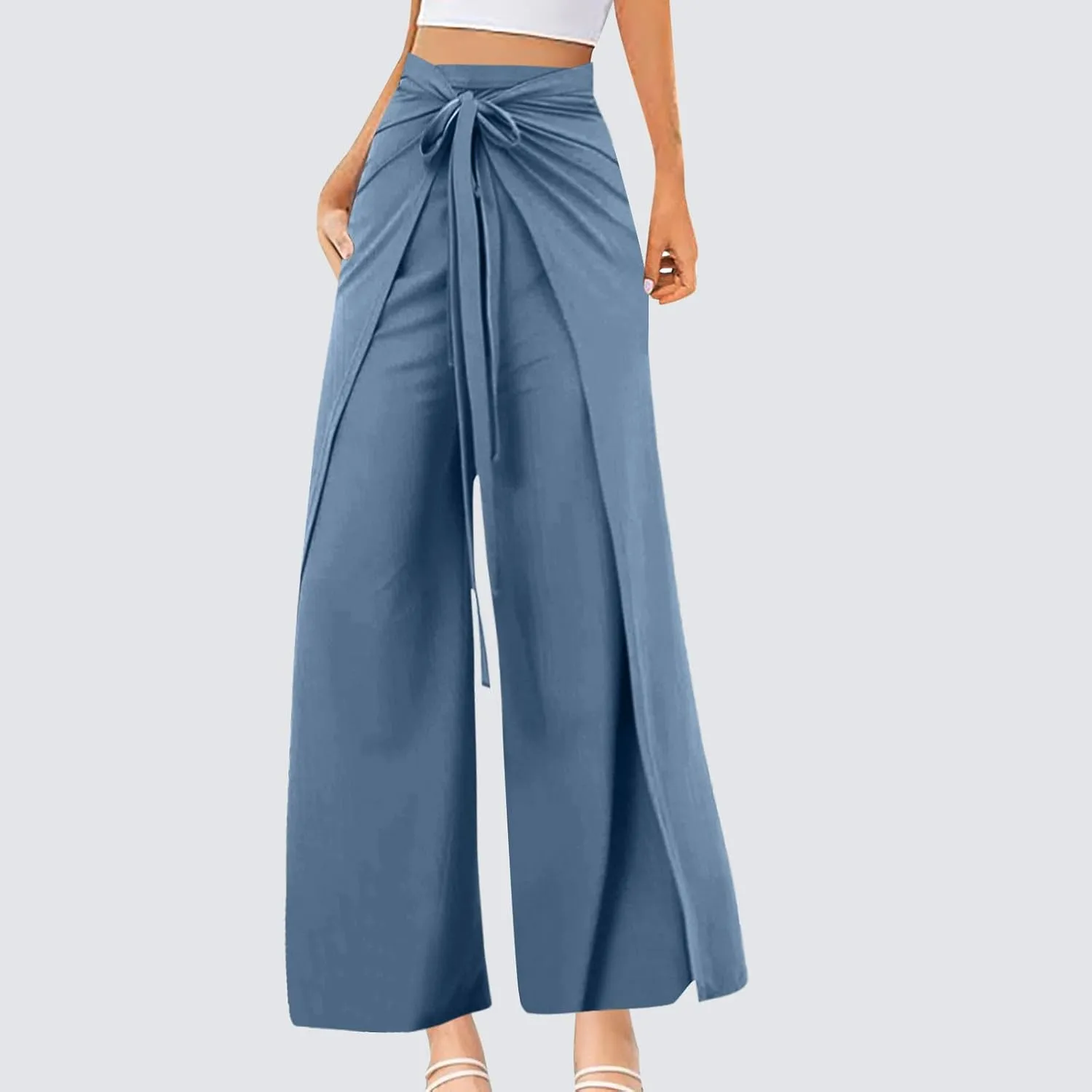 Womens Wide Leg Pants Yoga Flowy Split Palazzo Pants Tie Front Wrap Trousers Beach Cover Up Casual Lounge Boho Pants