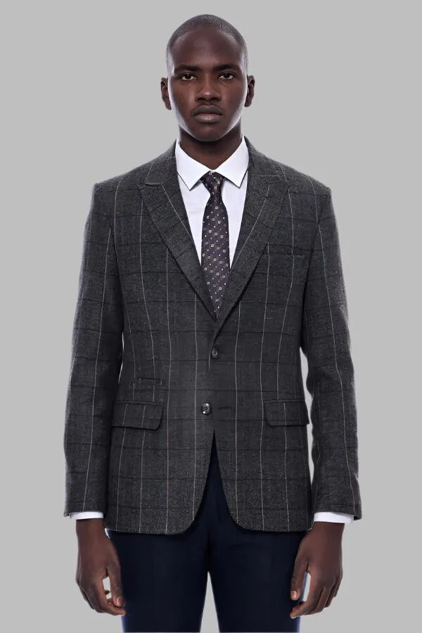 WSS Checked Peak Lapel Slim-Fit Dark Grey Men Blazer  - Singen