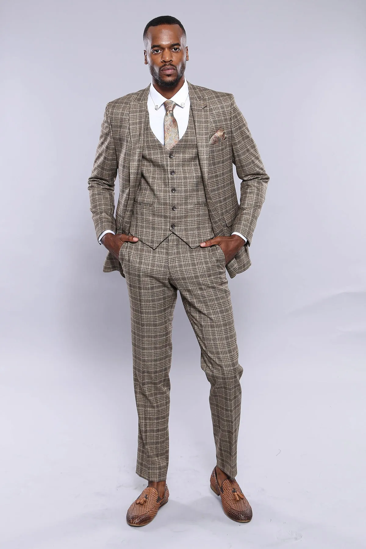 WSS Checked Slim-Fit Light Brown Men Blazer  - Singen
