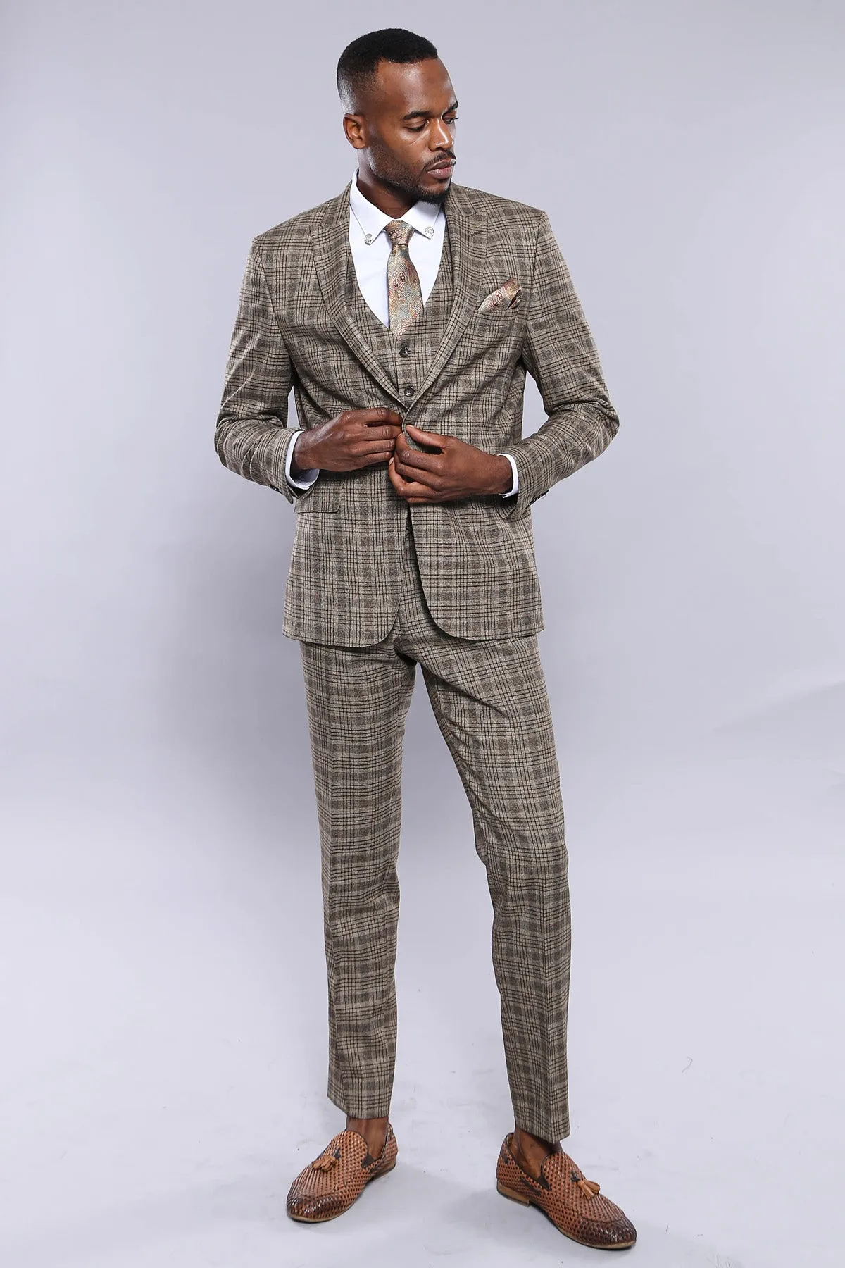 WSS Checked Slim-Fit Light Brown Men Blazer  - Singen
