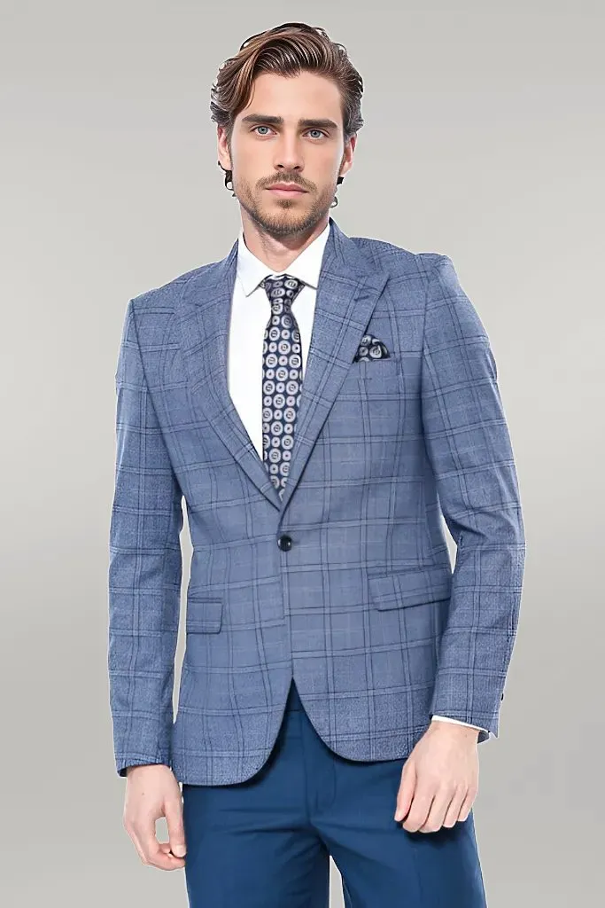 WSS Checked Slim-Fit Single Button Blue Men Blazer  - Singen