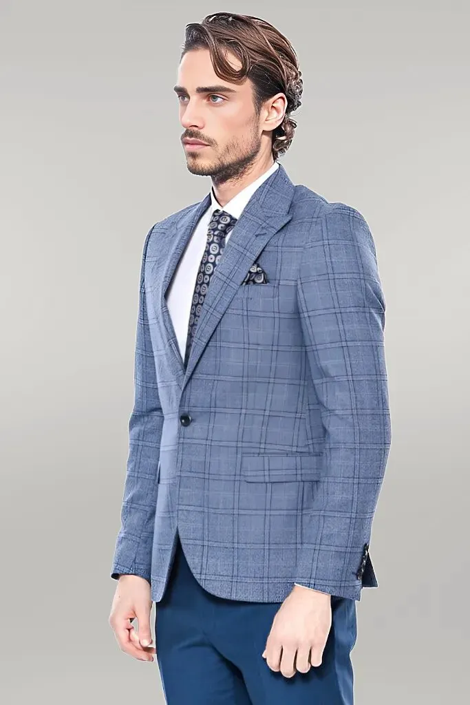 WSS Checked Slim-Fit Single Button Blue Men Blazer  - Singen