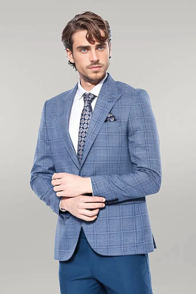 WSS Checked Slim-Fit Single Button Blue Men Blazer  - Singen