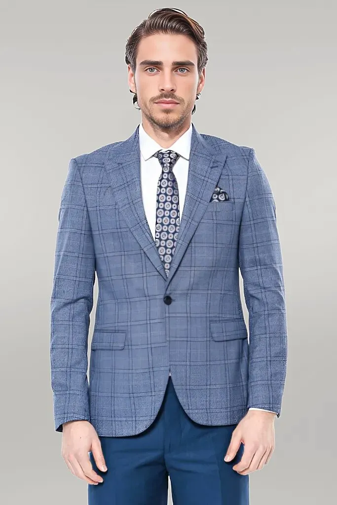 WSS Checked Slim-Fit Single Button Blue Men Blazer  - Singen