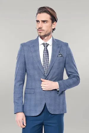 WSS Checked Slim-Fit Single Button Blue Men Blazer  - Singen