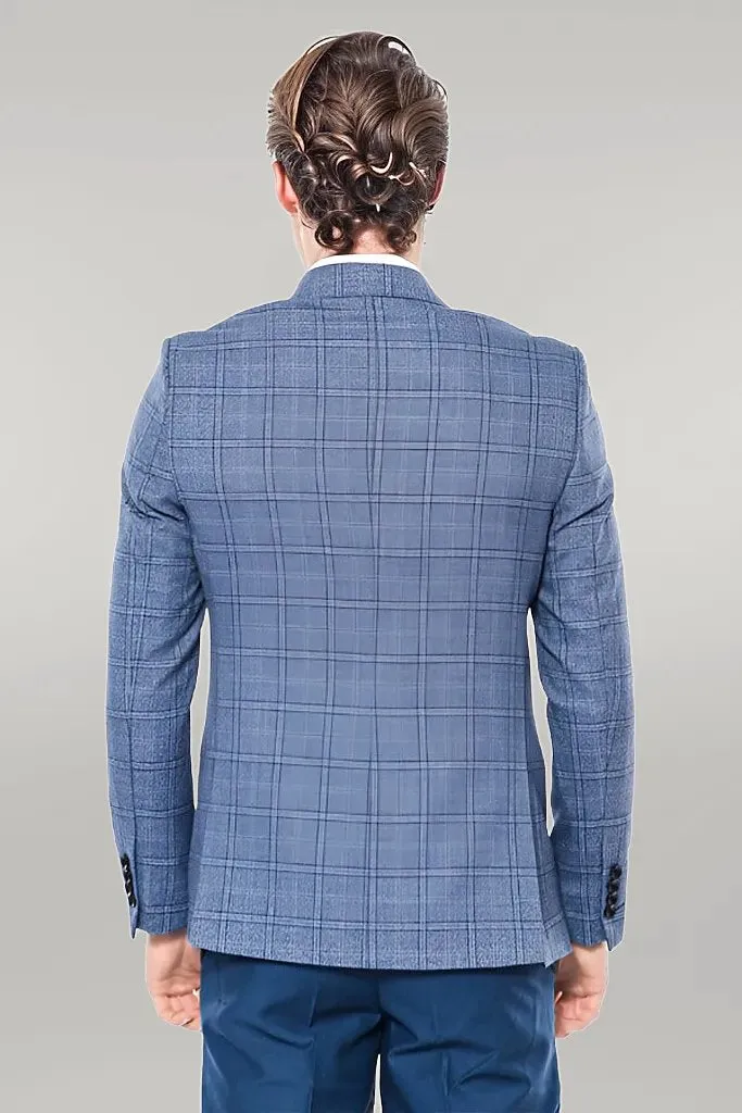WSS Checked Slim-Fit Single Button Blue Men Blazer  - Singen