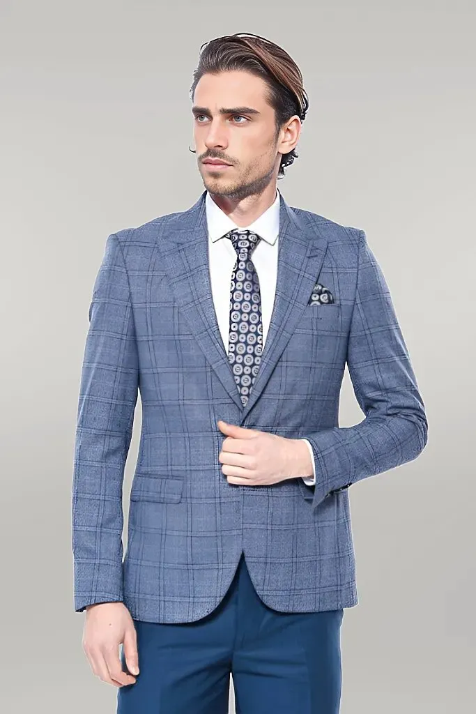 WSS Checked Slim-Fit Single Button Blue Men Blazer  - Singen
