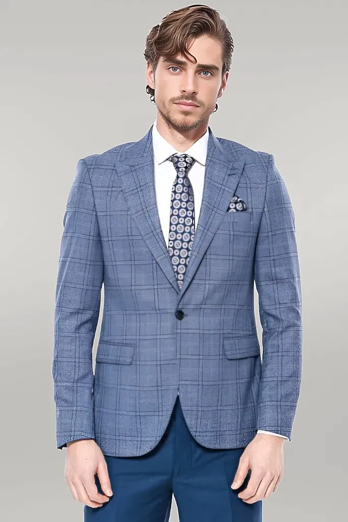 WSS Checked Slim-Fit Single Button Blue Men Blazer  - Singen