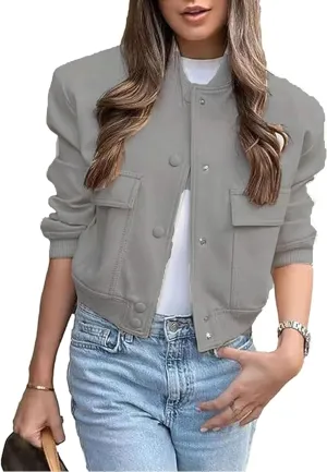 Zontroldy Women's Cropped Casual Long Sleeve Varsity Jacket Bomber Jackets Y2k Streetwear Shacket with Pockets