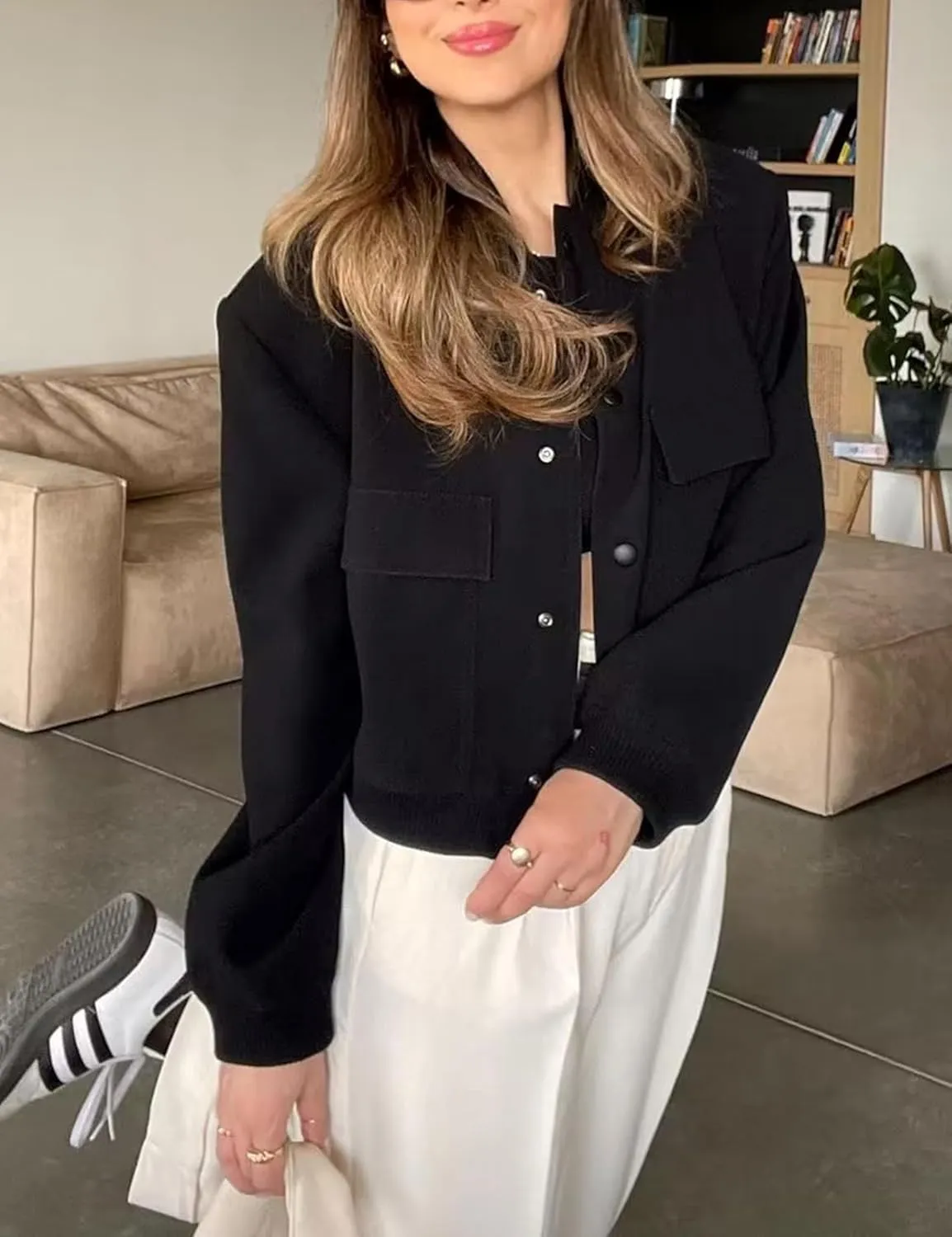 Zontroldy Women's Cropped Casual Long Sleeve Varsity Jacket Bomber Jackets Y2k Streetwear Shacket with Pockets