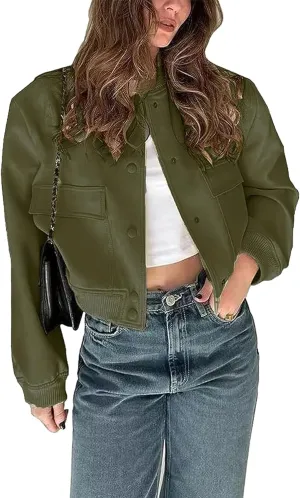 Zontroldy Women's Cropped Casual Long Sleeve Varsity Jacket Bomber Jackets Y2k Streetwear Shacket with Pockets