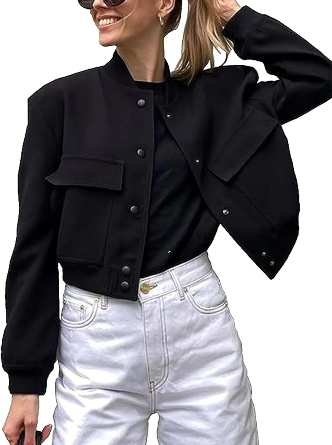 Zontroldy Women's Cropped Casual Long Sleeve Varsity Jacket Bomber Jackets Y2k Streetwear Shacket with Pockets