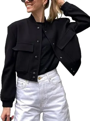 Zontroldy Women's Cropped Casual Long Sleeve Varsity Jacket Bomber Jackets Y2k Streetwear Shacket with Pockets